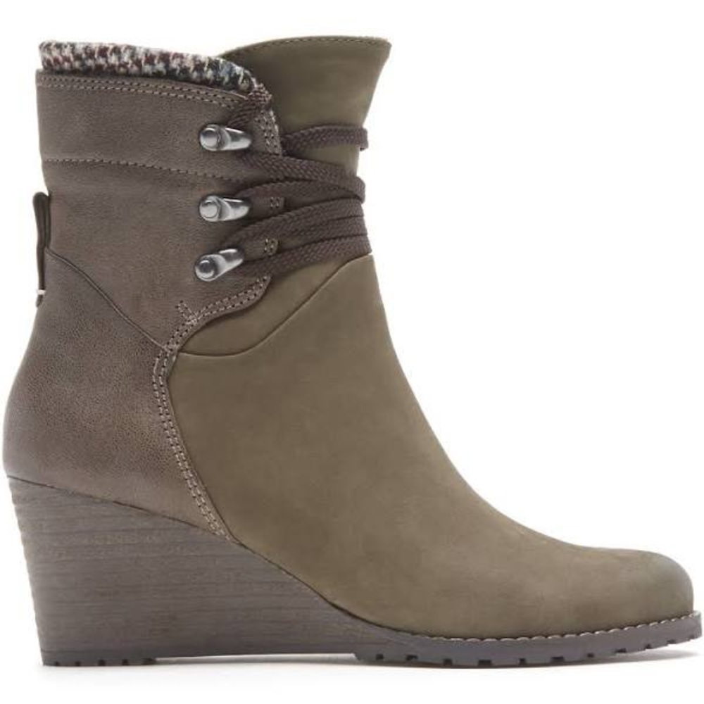 COBB HILL ROCKPORT LEATHER LUCINDA WEDGE LACE UP ANKLE BOOTS OLIVE GREEN NIB 6.5